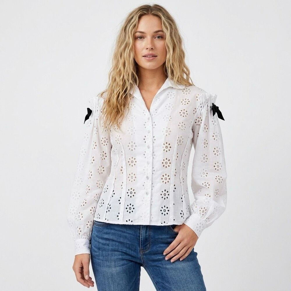 Carolina Herrera White Eyelet Button Front Bow Shoulder Balloon Sleeve Blouse 4